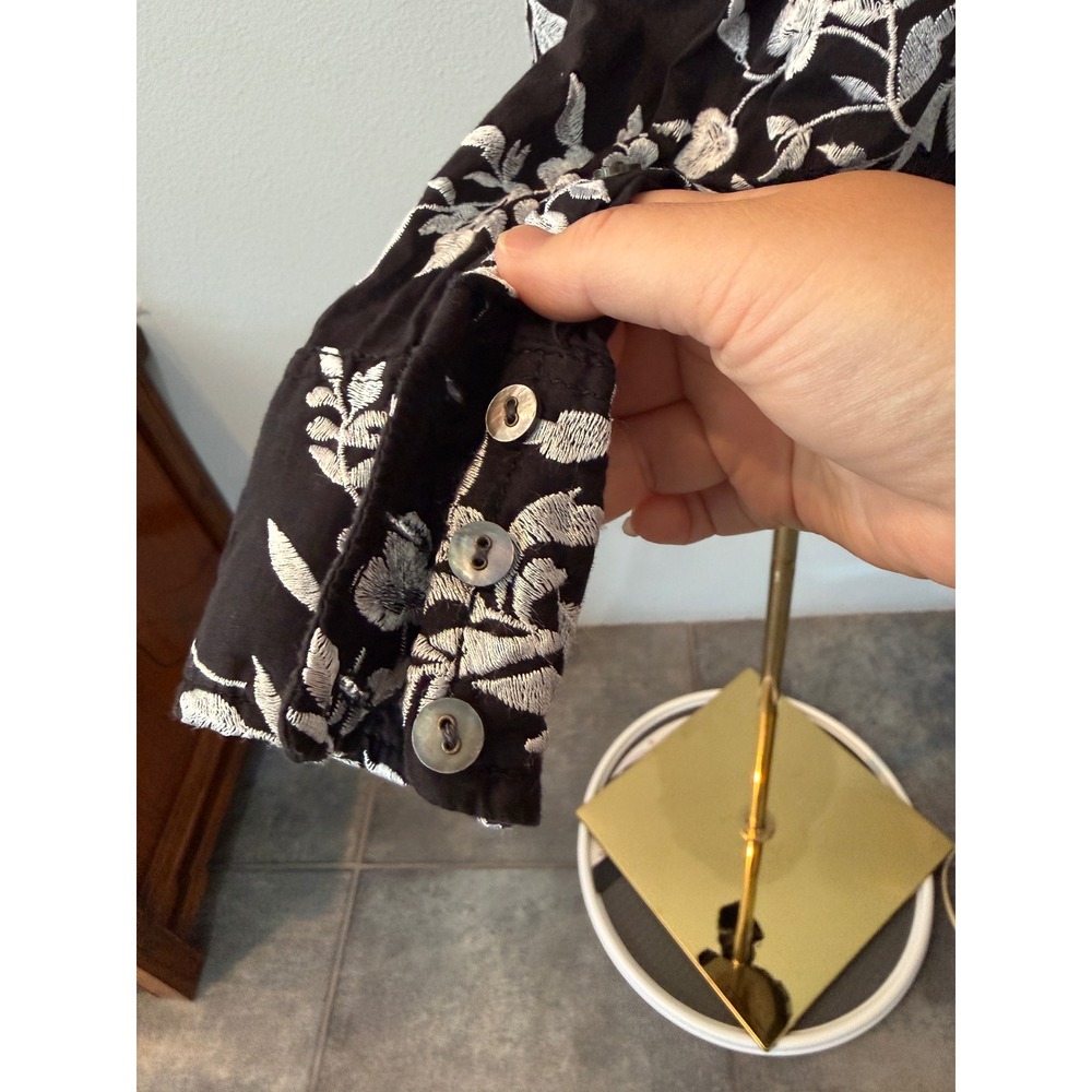 Cino Cotton Floral Embroidered Button Up Shirt Black Long Sleeve Boho Cottage XS - Picture 6 of 12